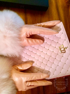 Fur Glamour Mistress Pink Leather Gloves with Pink Fox Fur Trim